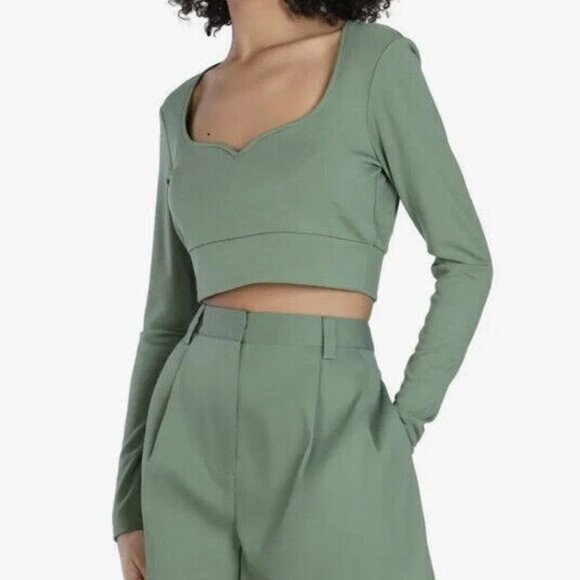 NWT Bar III Women's Nicole Williams Long-Sleeve Crop Top, Comfrey Green - Picture 1 of 4